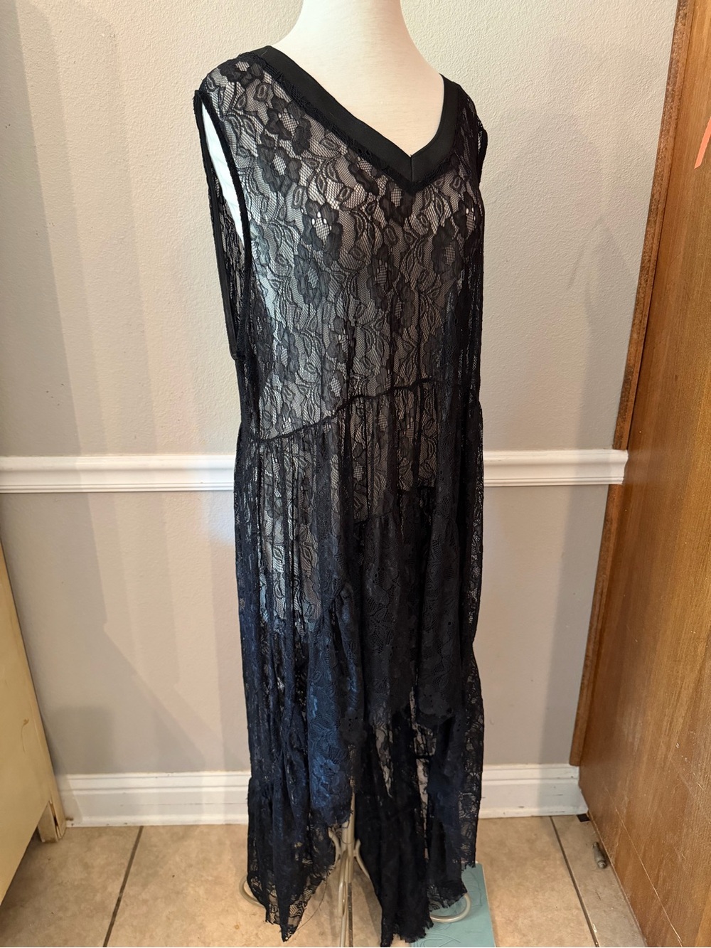 Black Lace Sleeveless Maxi Slip Dress high low hem, asymmetric hem boho
